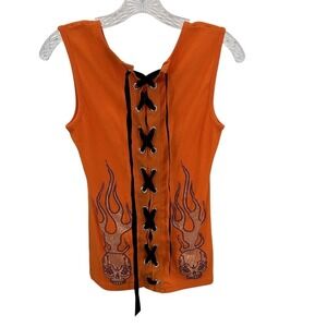 Biker Clothing Co. Orange Tank Top Ties Up Back Flames Skull Biker Women Sz L